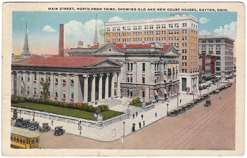 Main Street, North from Third, Showing Old and New Court Houses, Dayton, Ohio (1922)